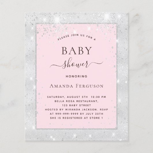 Baby shower meisje zilverkleurige roze glitter fly flyer (Voorkant)