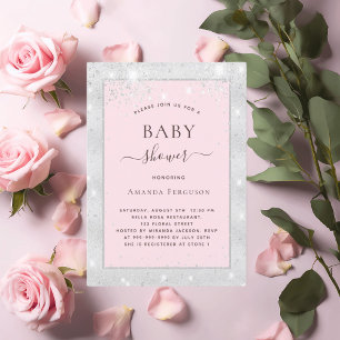 Baby shower meisje zilverkleurige roze glitter kaart