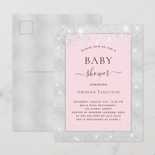 Baby shower meisje zilverkleurige roze glitter uitnodiging briefkaart (Voorkant / Achterkant)