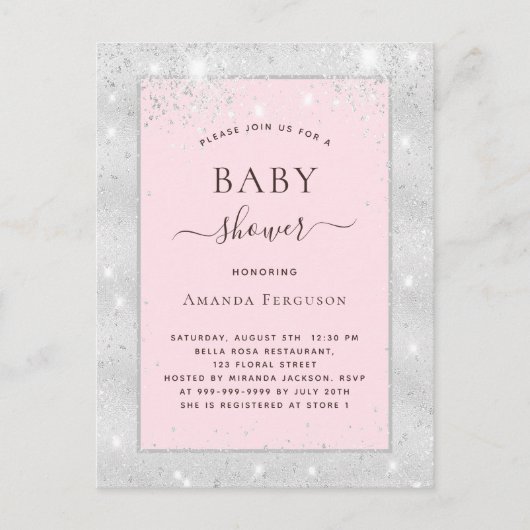 Baby shower meisje zilverkleurige roze glitter uitnodiging briefkaart (Voorkant)