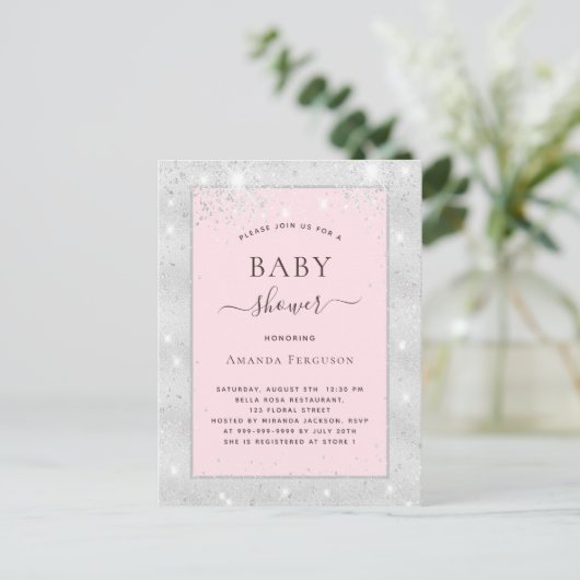 Baby shower meisje zilverkleurige roze glitter uitnodiging briefkaart (Staand voorkant)