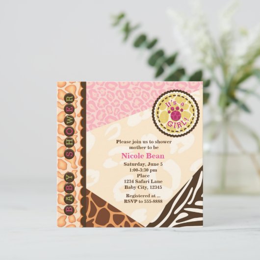 Baby shower Meisjes Roze Safari Thema Uitnodiginge Kaart (Staand voorkant)