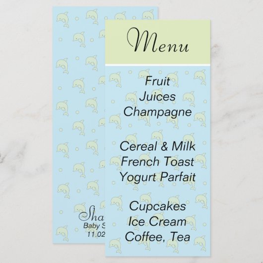 Baby shower menu "Blauwe Dolfijnen" (Voorkant / Achterkant)