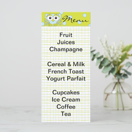 Baby shower menu "Blue Owl" (Staand voorkant)