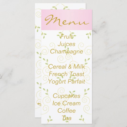 Baby shower menu "Gold Pink Birds" (Voorkant / Achterkant)