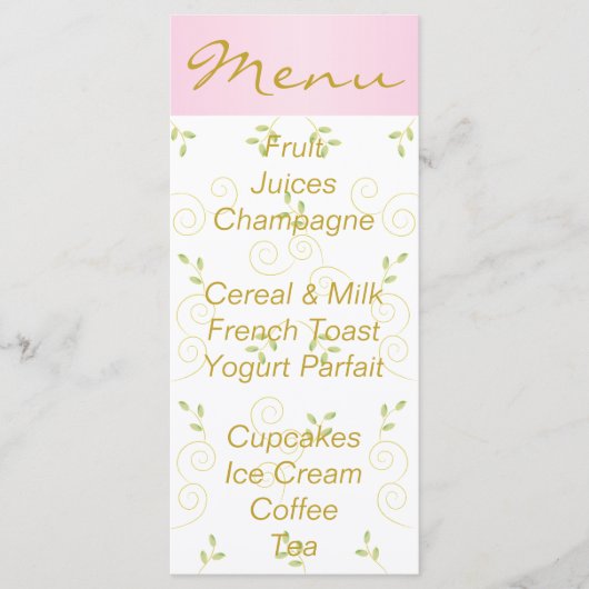 Baby shower menu "Gold Pink Birds" (Voorkant)