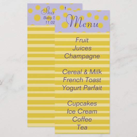 Baby shower menu "Gouden Voeten" (Voorkant / Achterkant)