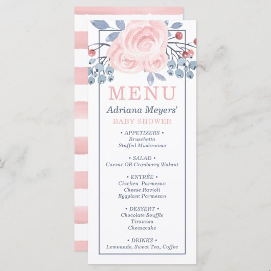 Baby shower Menu Kaart, Blauw, Blush Pink (Voorkant / Achterkant)