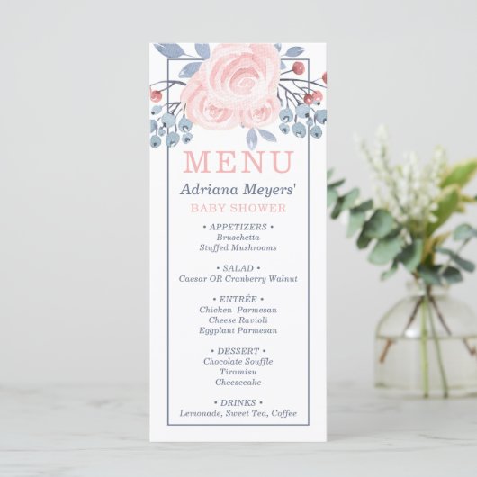 Baby shower Menu Kaart, Blauw, Blush Pink (Staand voorkant)