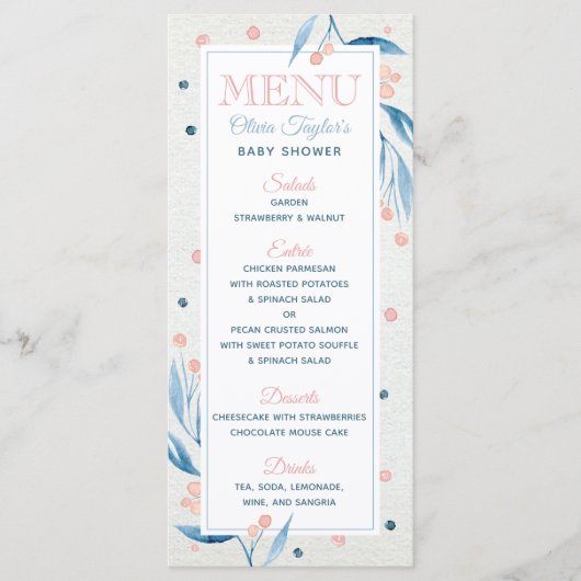 Baby shower Menu Kaart, Blauw, Blush Pink (Voorkant)