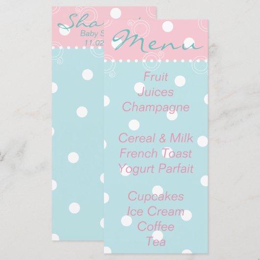 Baby shower Menu "Roze Blauw Baby" (Voorkant / Achterkant)