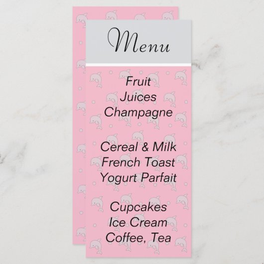 Baby shower Menu "Roze Dolfijnen" (Voorkant / Achterkant)