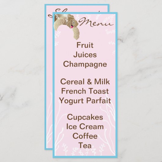 Baby shower Menu "Roze Schildpad" (Voorkant / Achterkant)