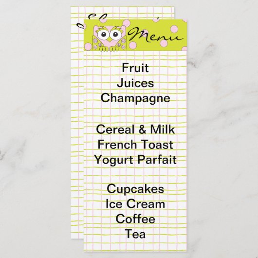 Baby shower Menu "Roze Uil" (Voorkant / Achterkant)