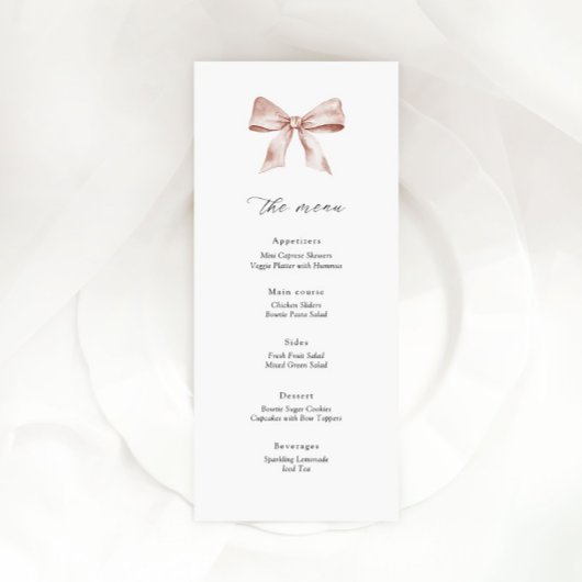Baby shower menukaart met stoffige roze strik