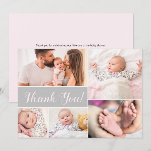 Baby shower met baby Fotocollage Roze Grijs Bedankkaart (Voorkant / Achterkant)