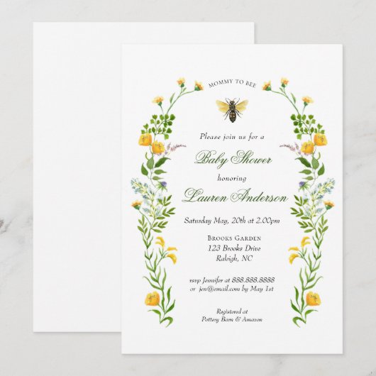 Baby Shower met Bij en Wilde Bloem Kaart (Voorkant / Achterkant)