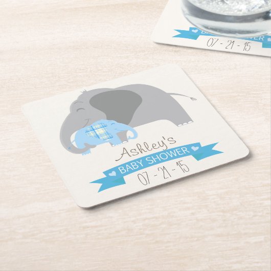 Baby shower met blauw geplakt Baby-olifant Kartonnen Onderzetters (Schuin)