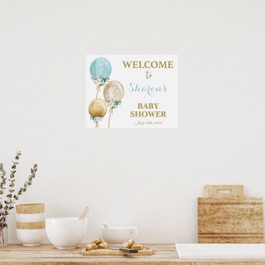 Baby shower met blauwe en gouden ballon poster (Keuken)