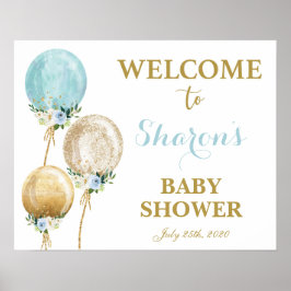 Baby shower met blauwe en gouden ballon poster