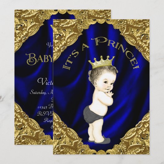 Baby shower met blauwe en goudprins kaart (Voorkant / Achterkant)