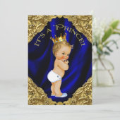 Baby shower met blauwe en goudprins kaart (Staand voorkant)