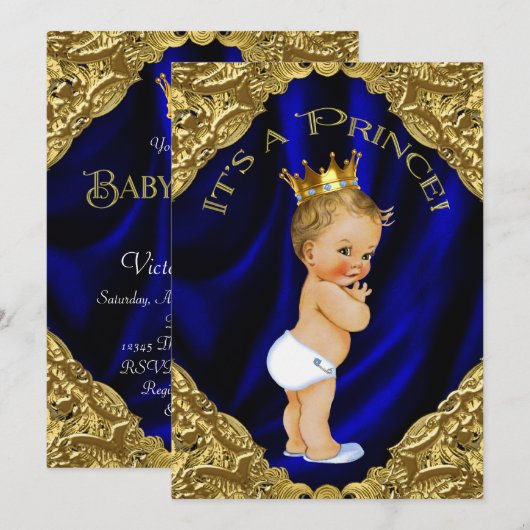 Baby shower met blauwe en goudprins kaart (Voorkant / Achterkant)