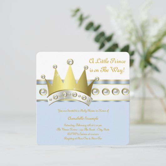 Baby shower met blauwe en goudprins kaart (Staand voorkant)
