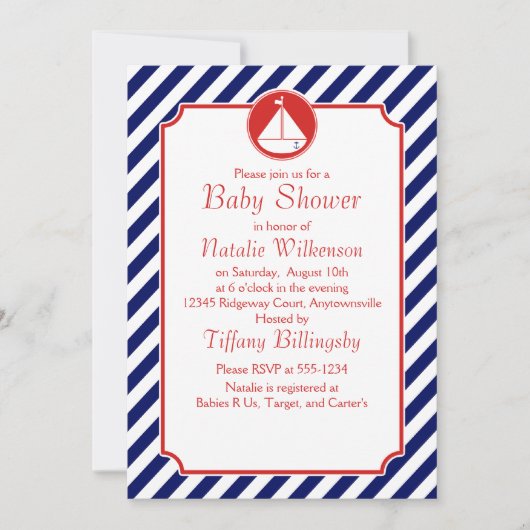 Baby shower met blauwe en rode zeilboot kaart (Voorkant)