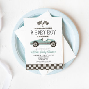 baby shower met blauwe loopauto kaart