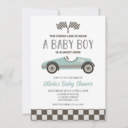 baby shower met blauwe loopauto kaart (Voorkant)