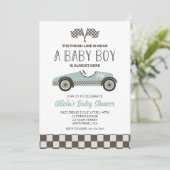 baby shower met blauwe loopauto kaart (Staand voorkant)