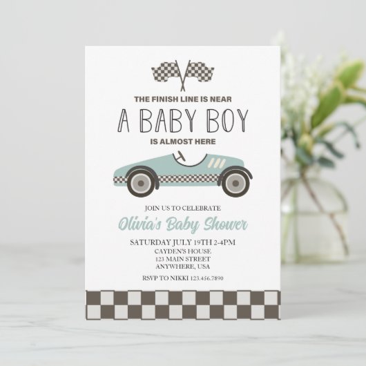 baby shower met blauwe loopauto kaart (Staand voorkant)