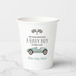 baby shower met blauwe loopauto papieren bekers