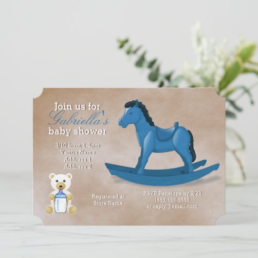 Baby shower met blauwe Rocking Horse Kaart (Staand voorkant)