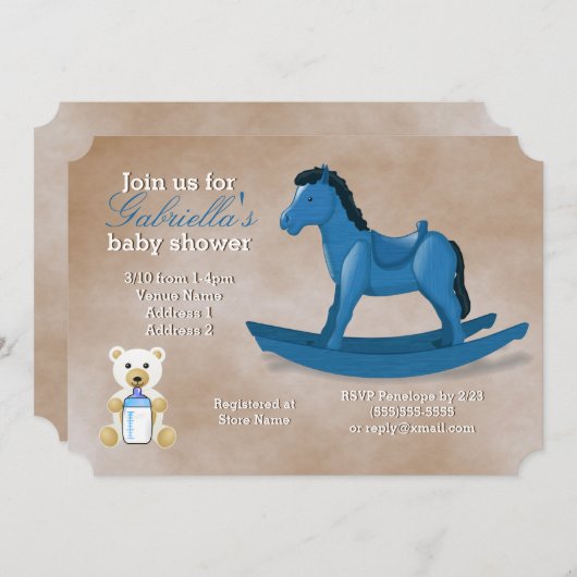 Baby shower met blauwe Rocking Horse Kaart (Voorkant / Achterkant)