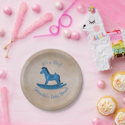 Baby shower met blauwe Rocking Horse Papieren Bordje (Feest)