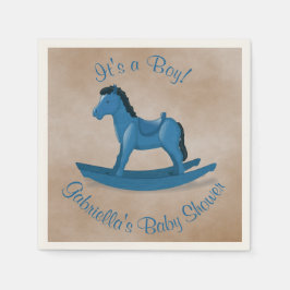 Baby shower met blauwe Rocking Horse Servet