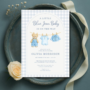 Baby Shower met Blauwe Spijkerbroek Teddybeer Kaart