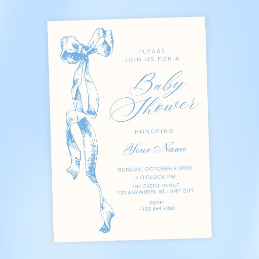 Baby shower met blauwe strik kaart