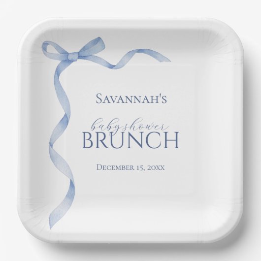 Baby Shower met Blauwe Strik Papieren Bordje (Voorkant)