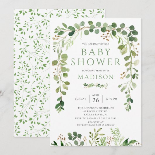 Baby shower met botanisch groen leder kaart (Voorkant / Achterkant)