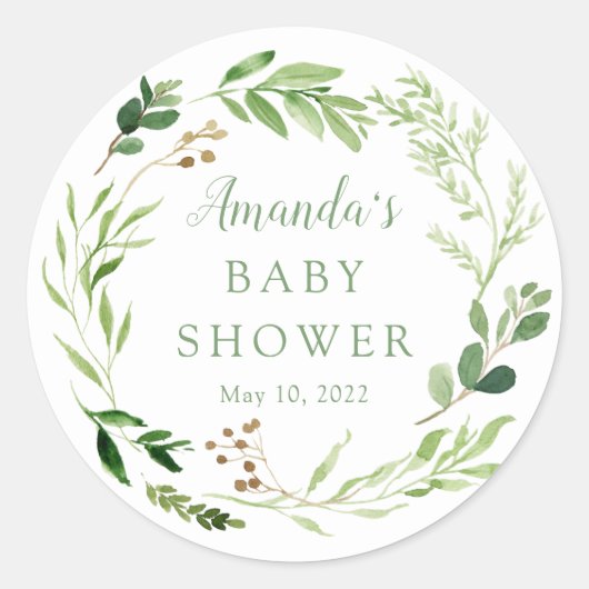 Baby shower met botanisch groen leder ronde sticker (Voorkant)
