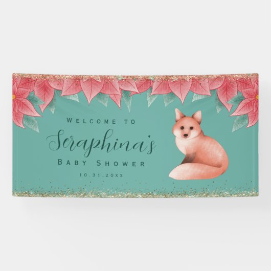 Baby shower met de kerstinsettia Fox Gold Sparkles Spandoek (Horizontaal)
