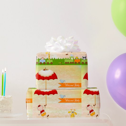 Baby shower met dieren en paraplu cadeaupapier