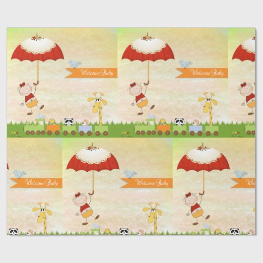 Baby shower met dieren en paraplu cadeaupapier (Vlak)