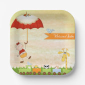 Baby shower met dieren en paraplu papieren bordje (Voorkant)