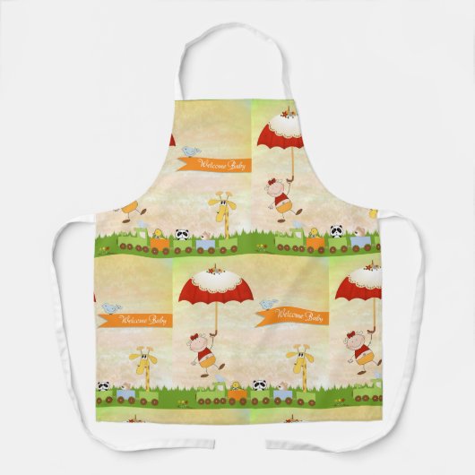 Baby shower met dieren en paraplu schort (Voorkant)