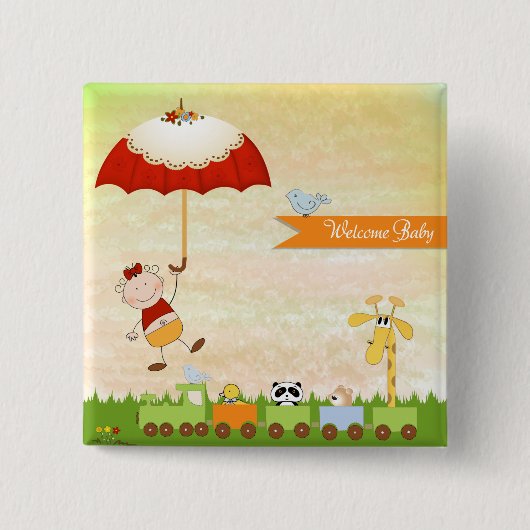 Baby shower met dieren en paraplu vierkante button 5,1 cm (Voorkant)
