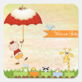 Baby shower met dieren en paraplu vierkante sticker (Voorkant)